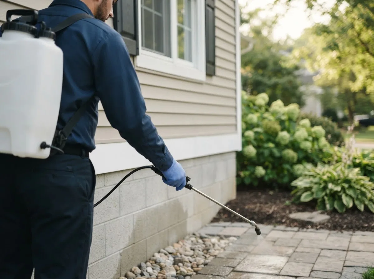 Pest control technician inspecting a home in Cedarcreek, MO